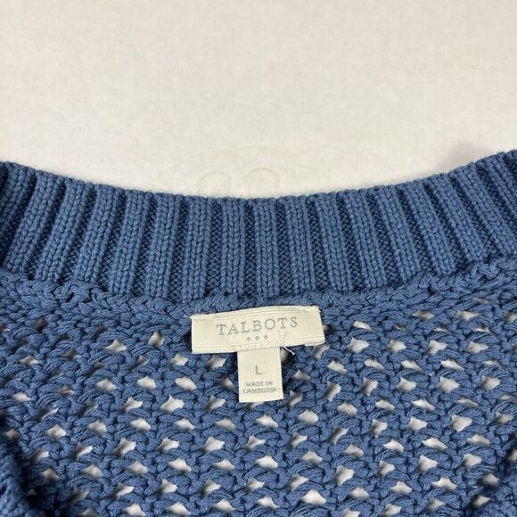 Talbots Open Knit Raglan Sweater Blue V-Neck Coastal Grandmother Pullover LARGE - Picture 4 of 10